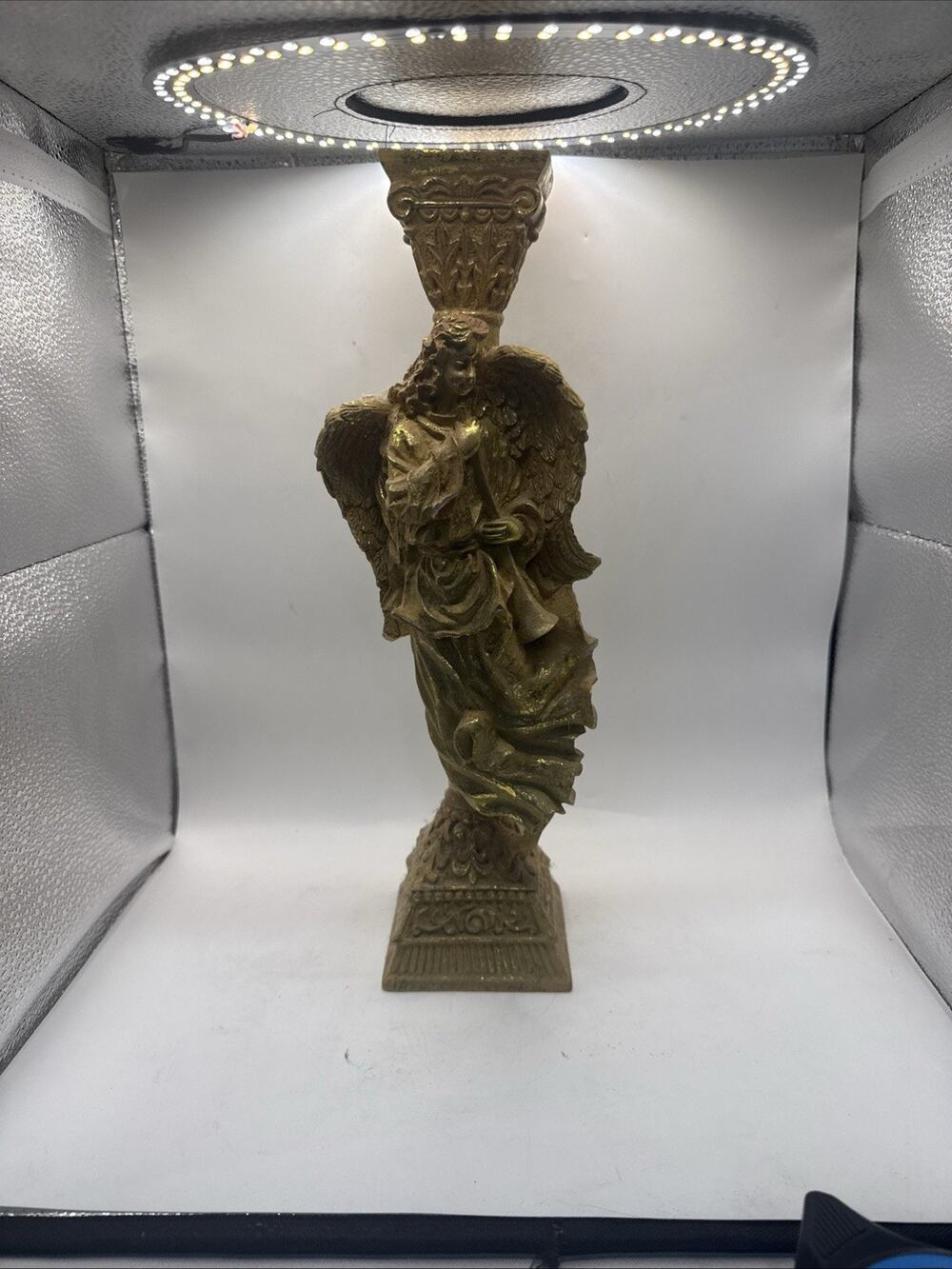 International Bazaar 14” Gold Angel Column Candle Holder Pedestal #44142305 *